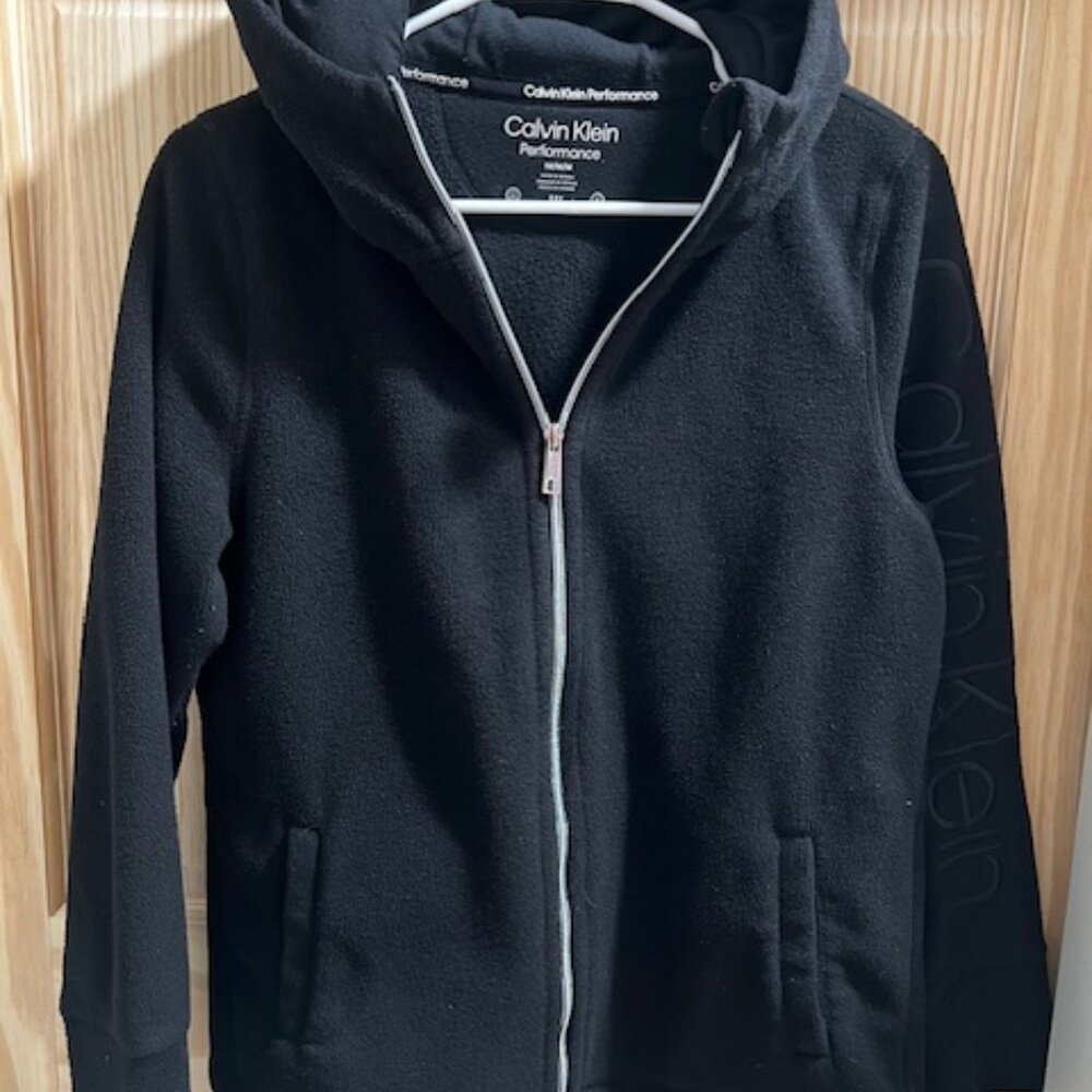 Calvin Klein Performance Fleece Hoodie Womens M Black Good Zip Up Logo Sleeve